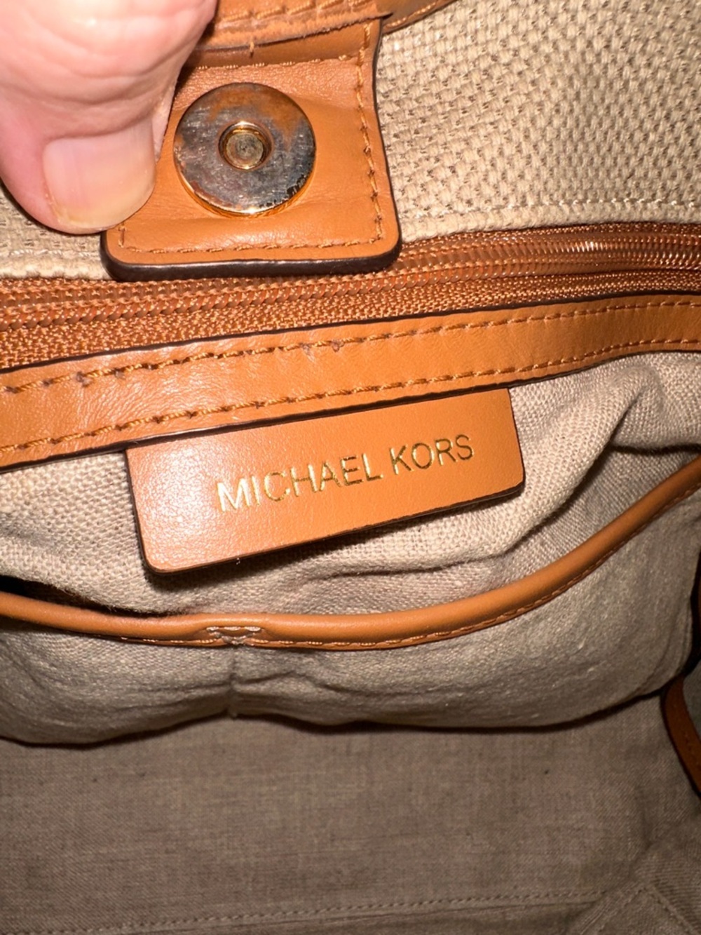 Michael Kors Beige Canvas Shoulder Tote with Tan Leather Trim - Picture 5 of 6